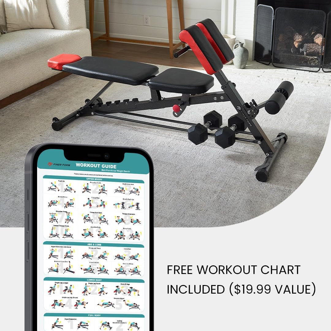 Finer Form Multi-Functional FID Weight Bench for Full-Body Workouts – Hyper Back Extension, Roman Chair, Adjustable Ab Sit-Up, Incline/Decline, and Flat Bench