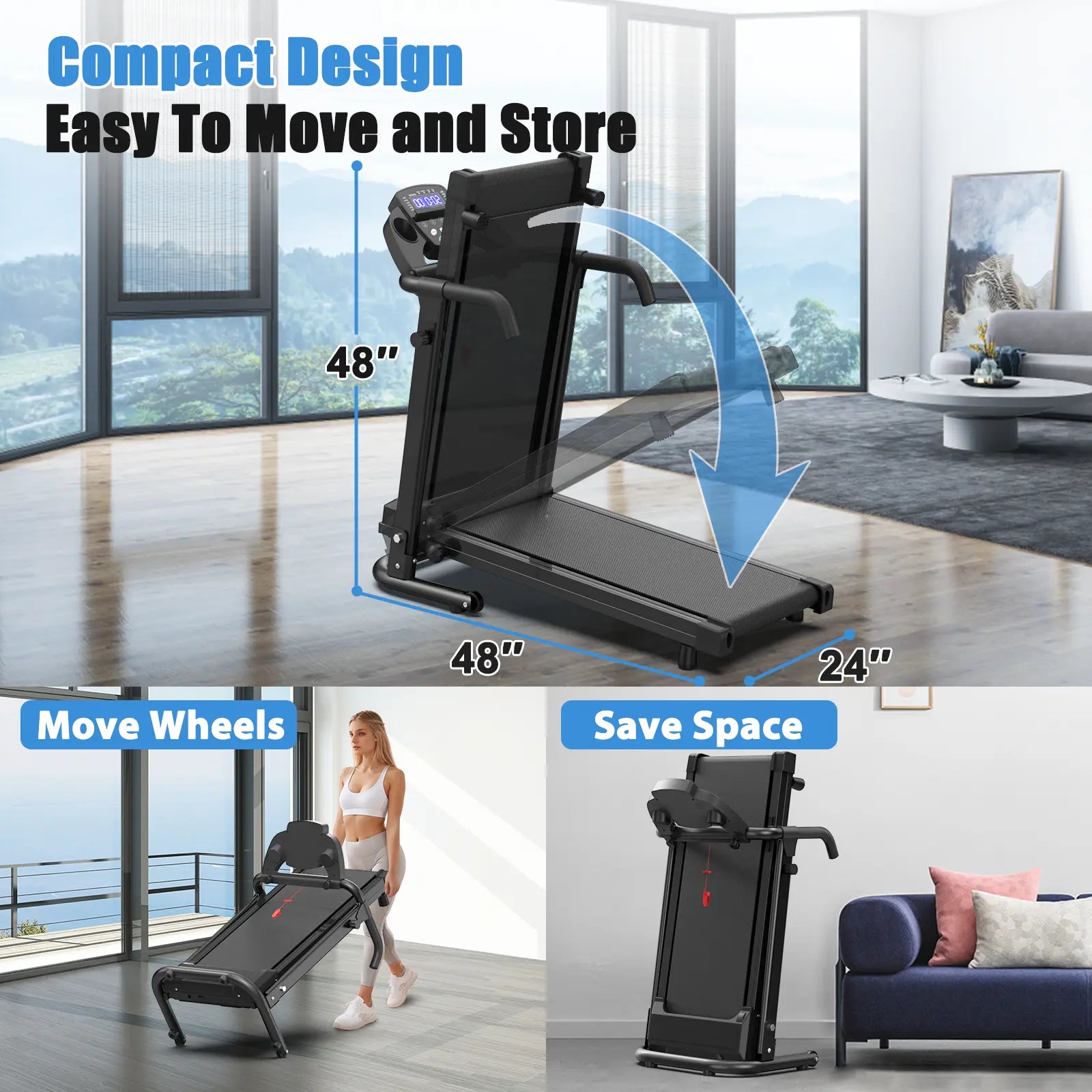 [New Arrival] Foldable Home Treadmill - Home Gym Equipment, 2.5HP Motorized Treadmill Walking Pad, 300 Lbs Capacity, Handles, APP Control, LED Display, Quick & Compact Fold Design