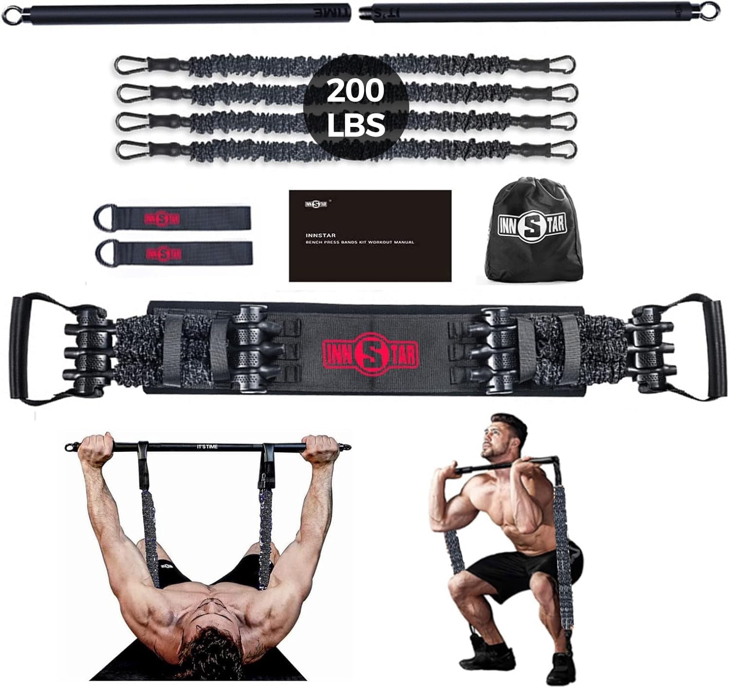 Portable Home Gym Set with Workout Bar, Bench Press Set, Squat Resistance Band, Door Anchor and More-Full Body Workout Equipment to Build Muscle and Shape Body