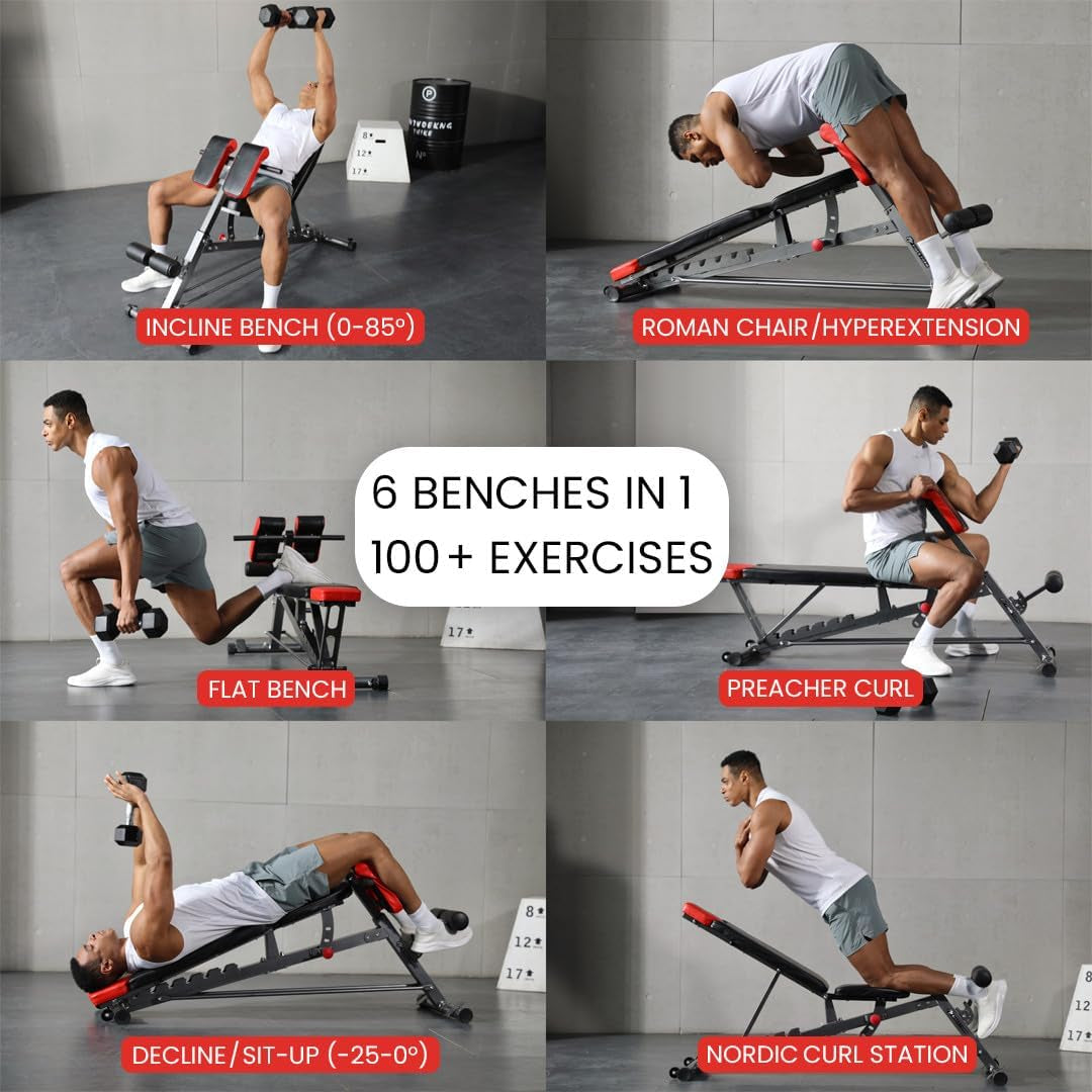 Finer Form Multi-Functional FID Weight Bench for Full-Body Workouts – Hyper Back Extension, Roman Chair, Adjustable Ab Sit-Up, Incline/Decline, and Flat Bench