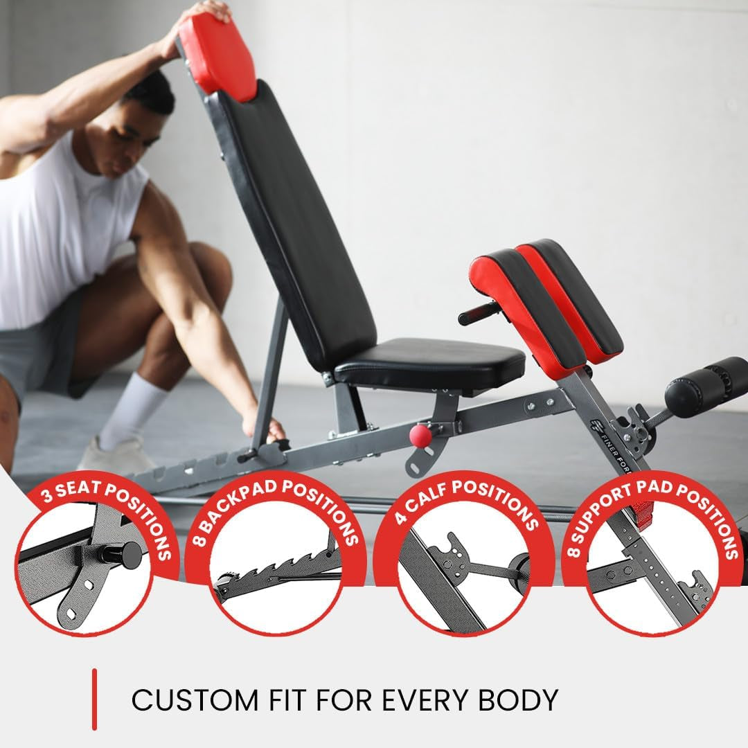Finer Form Multi-Functional FID Weight Bench for Full-Body Workouts – Hyper Back Extension, Roman Chair, Adjustable Ab Sit-Up, Incline/Decline, and Flat Bench